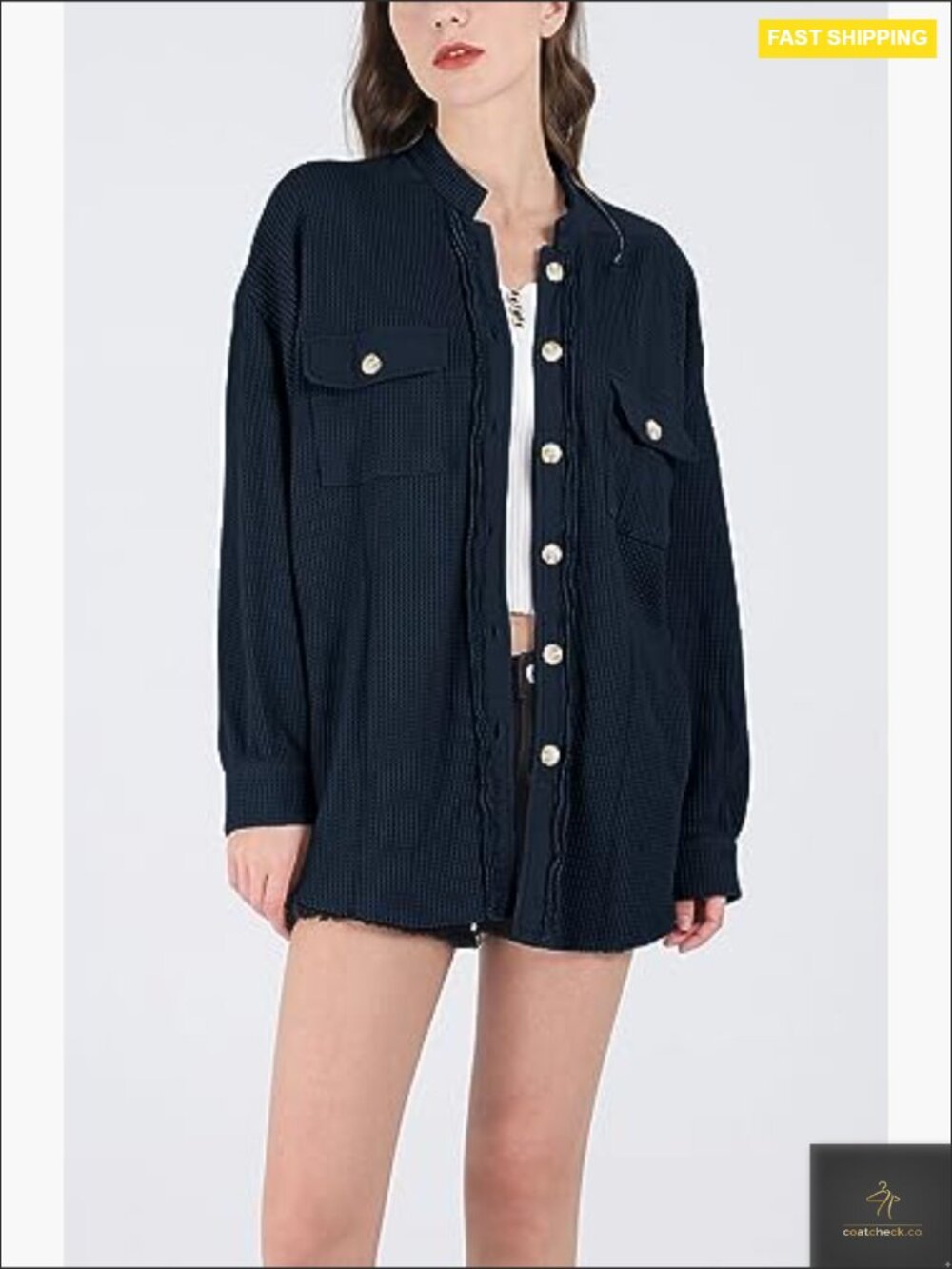 Waffle Knit Button Down Shacket Oversized Batwing Sleeve Loose Fit Blouse Top - Picture 2 of 6